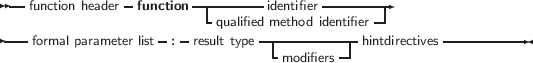  --function header- function -|-------identifier---------
                      -  - qualified method identifier
----formal parameter list : result type------------hintdirectives-----------
                                   modifiers
     