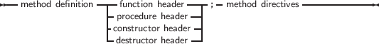 --              ----            ---- -              -------------
  method definition -- function header--| ; method directives
                 -cporoncsetrduucretorh heaedaedrer-|
                 --destructor header-|
     